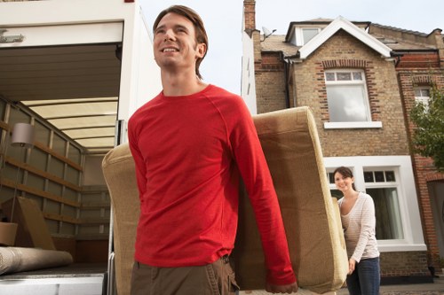 Packed office furniture and equipment ready for transport
